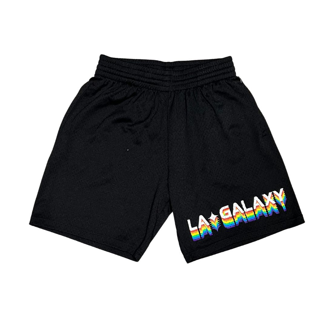 LA Galaxy 2022 Mitchell & Ness Pride Stacked Black Swingman Shorts product image 1, provided for visual reference and