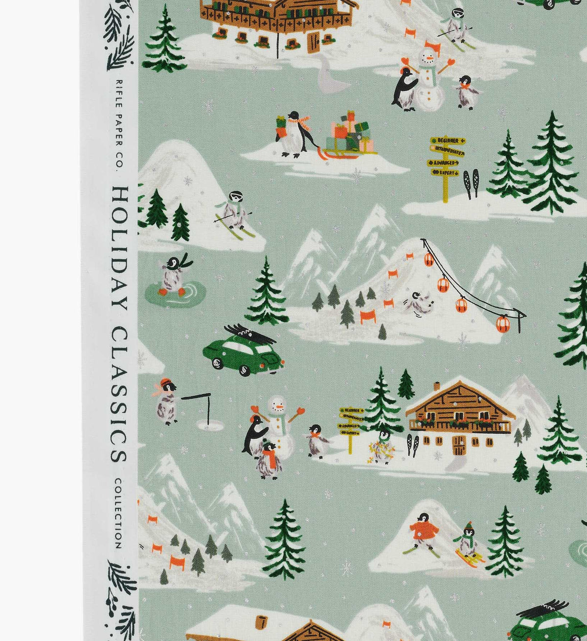 Penguin Village Cotton Metallic Fabric - Mint and Gold