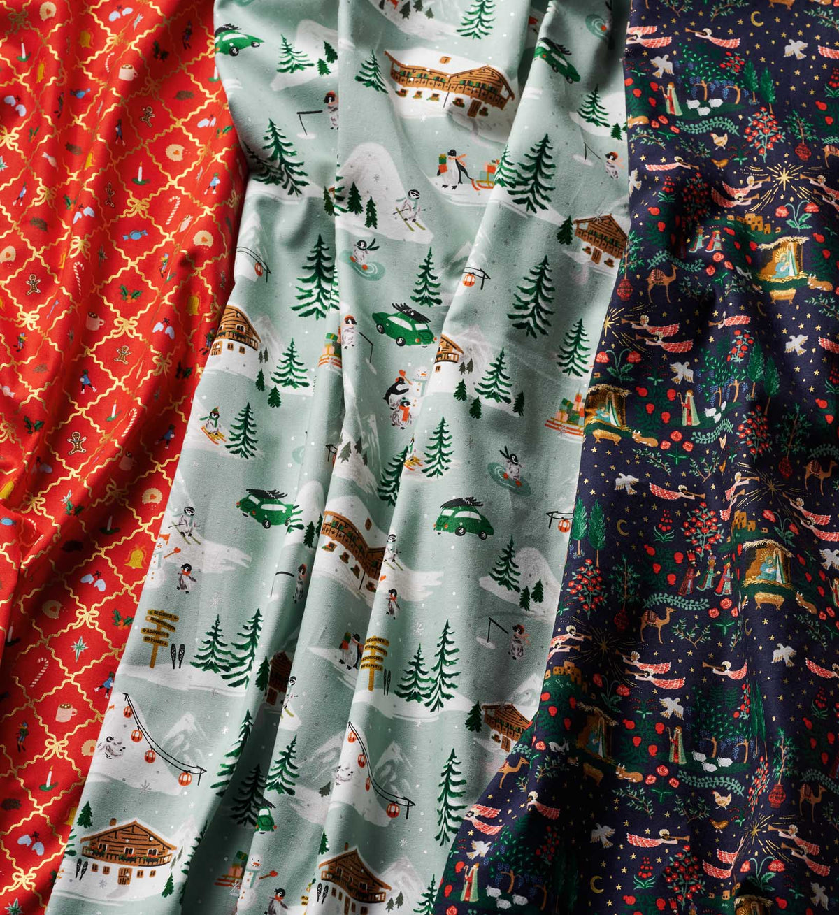 Penguin Village Cotton Metallic Fabric - Mint and Gold